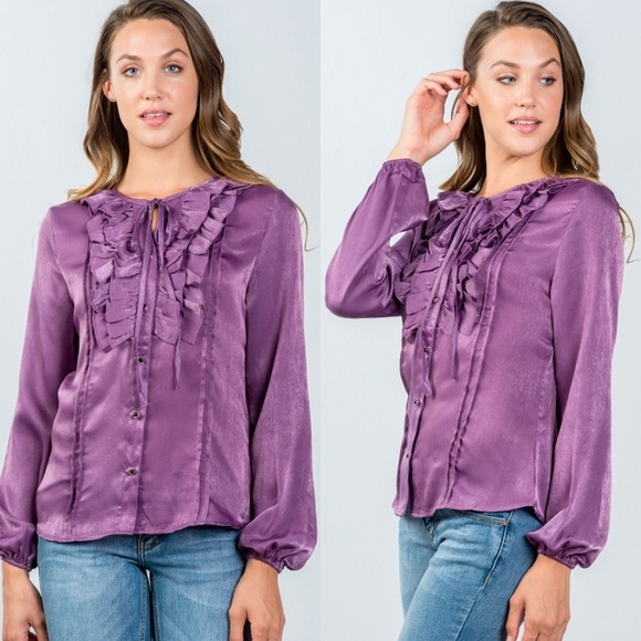 💜 Beulah Plum Ruffled Satiny Blouse with Tie Neck - Picture 1 of 4
